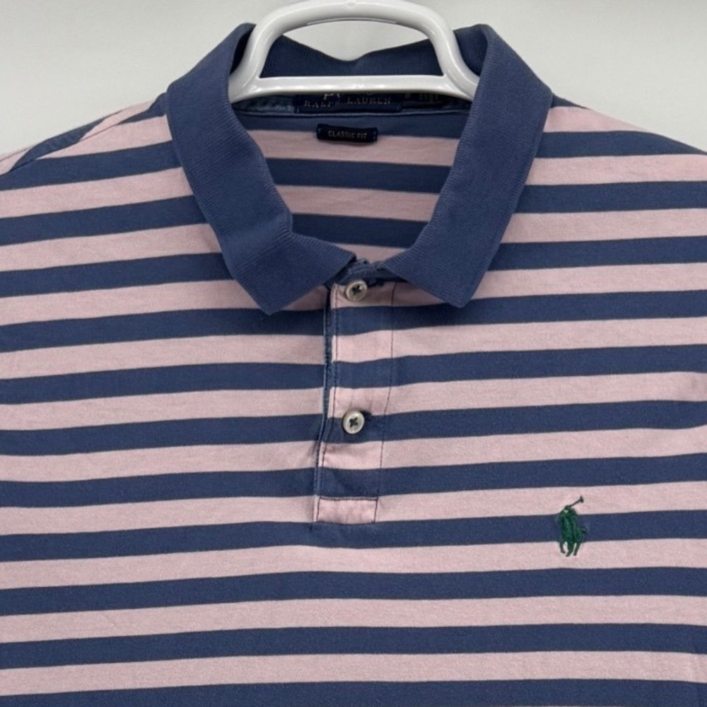 Polo Ralph Lauren Mens Classic Fit Striped Polo Shirt Pink Blue L Short Sleeve